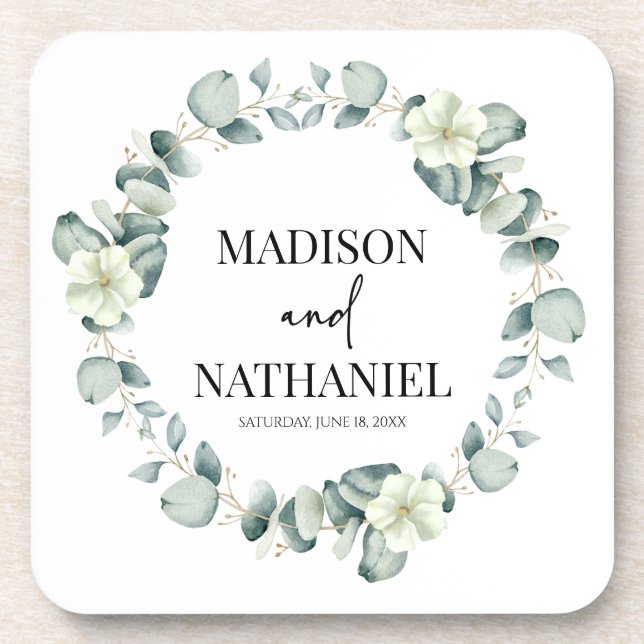 Green Eucalyptus Leaves Greenery Botanical Wedding Coaster (Front)