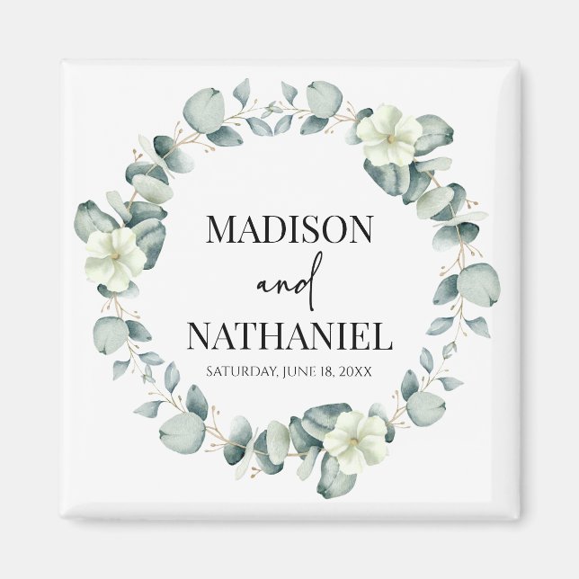 Green Eucalyptus Leaves Greenery Botanical Wedding Magnet (Front)