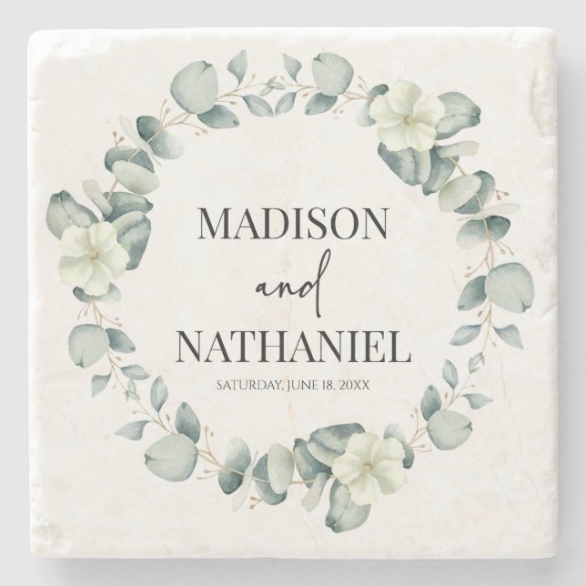Green Eucalyptus Leaves Greenery Botanical Wedding Stone Coaster (Front)