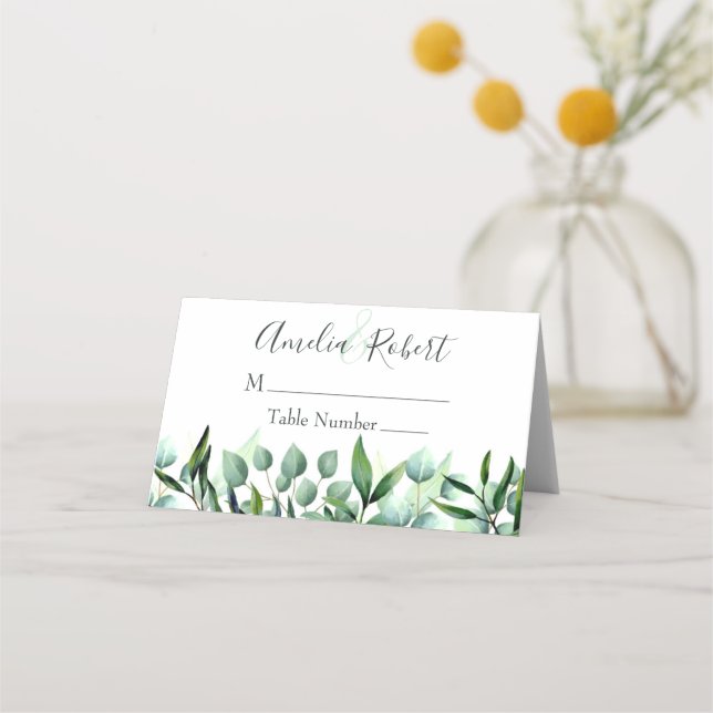 Green Eucalyptus Leaves Place Card (Front)