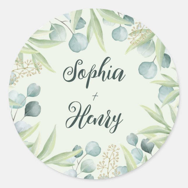 Green Eucalyptus Leaves Wedding Classic Round Classic Round Sticker (Front)