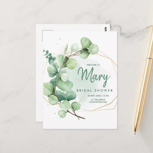 Green Eucalyptus Modern Elegant Bridal Shower Postcard (Front/Back In Situ)