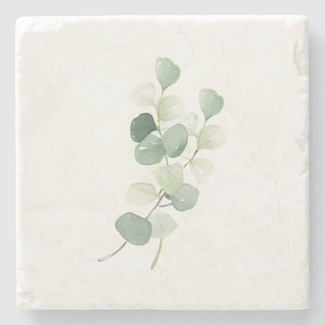 Green Eucalyptus Pastel Leaves Duvet Cover Stone Coaster (Front)