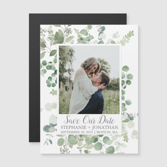 Green Eucalyptus Photo Save The Date Magnets (Front/Back)