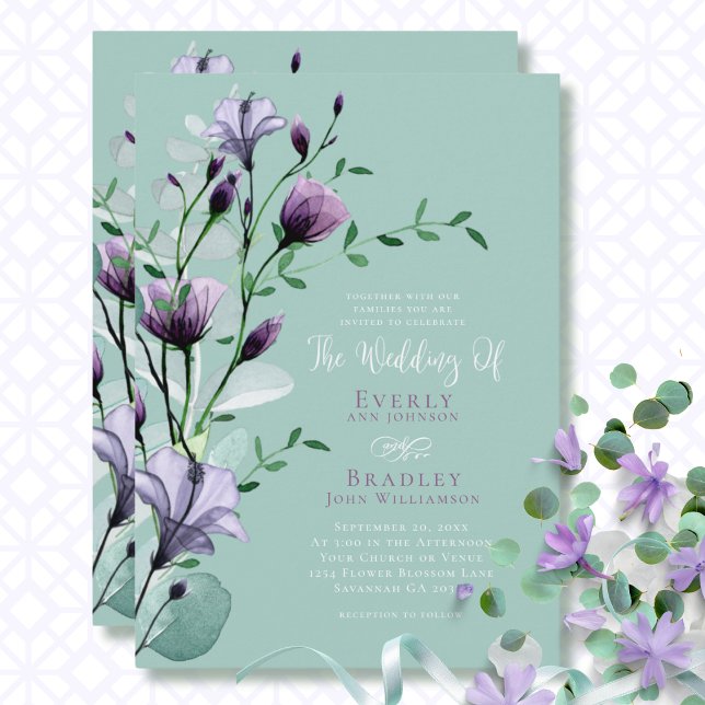  Green Eucalyptus Purple Watercolor Floral Wedding Invitation (Creator Uploaded)