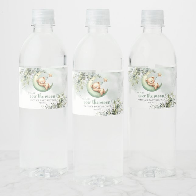 Green eucalyptus sleeping teddy bear over the moon water bottle label (Bottles)