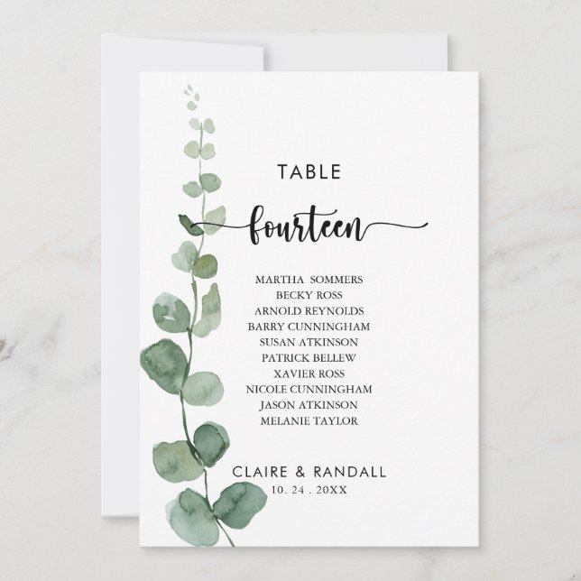 Green Eucalyptus Table Number 14 Seating Chart (Front)