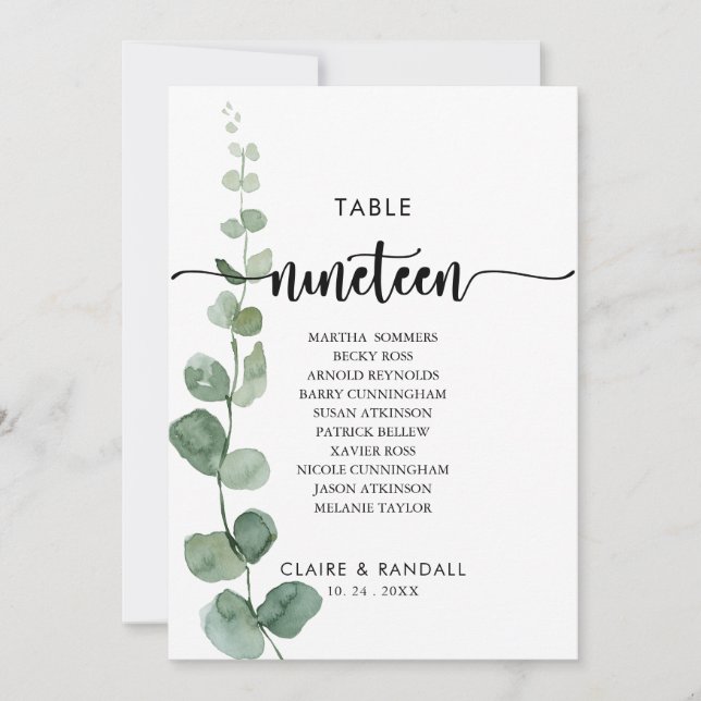 Green Eucalyptus Table Number 19 Seating Chart (Front)