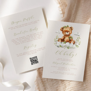 Green Eucalyptus Teddy Bear QR Code Baby Shower Invitation