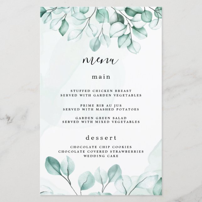 Green Eucalyptus Wedding Menu Cards (Front)