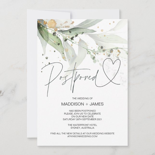 Green Eucalyptus Wedding Postponed Change the Date Invitation (Front)