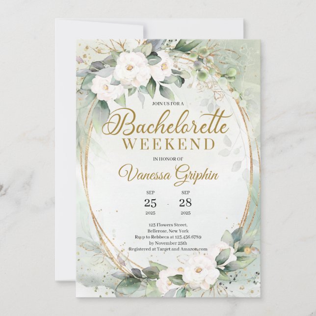 Green eucalyptus white roses gold Bachelorette Invitation (Front)