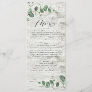 green eucalyptus white wood elegant wedding menu