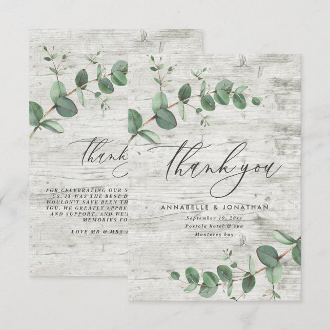 green eucalyptus white wood wedding thank you RSVP card (Front/Back)