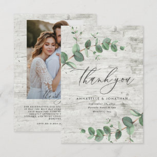 green eucalyptus wood wedding photo thank you RSVP card