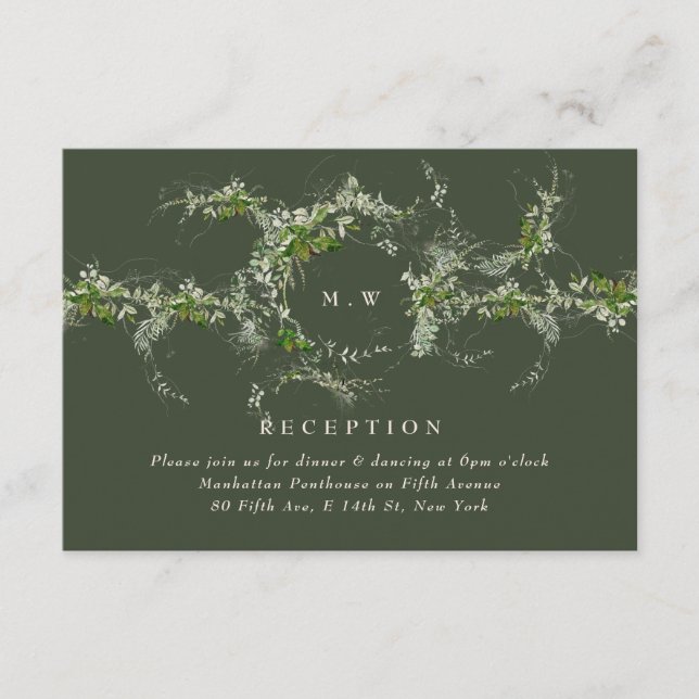 Green Eucalyptus Wreath Monogram Wedding Reception Enclosure Card (Front)