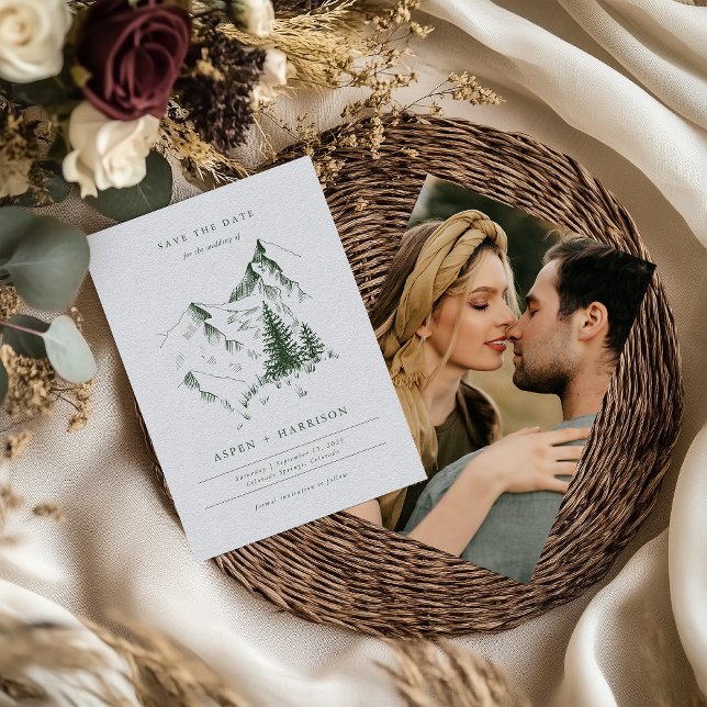 Green Evergreen Pine Mountain Sketch Save the Date Invitation (Creator Uploaded)