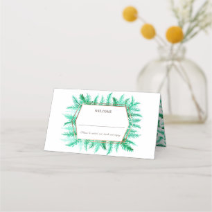 Green evergreen watercolor wedding place card