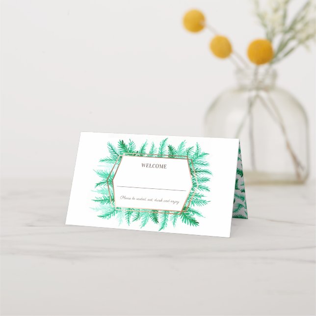 Green evergreen watercolor wedding place card (Front)