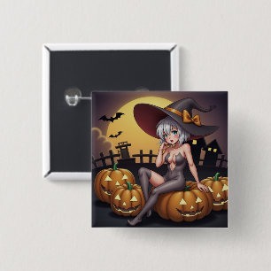 Green Eye Halloween Witch on Jack-O-Lantern's 15 Cm Square Badge