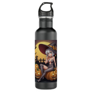 Green Eye Halloween Witch on Jack-O-Lantern's 710 Ml Water Bottle