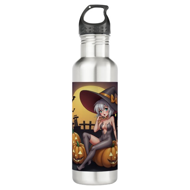 Green Eye Halloween Witch on Jack-O-Lantern's 710 Ml Water Bottle (Front)