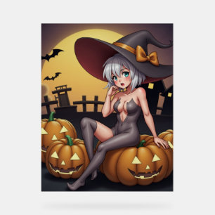 Green Eye Halloween Witch on Jack-O-Lantern's Acrylic Sign