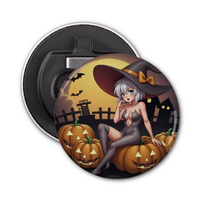 Green Eye Halloween Witch on Jack-O-Lantern's Bottle Opener (Front)