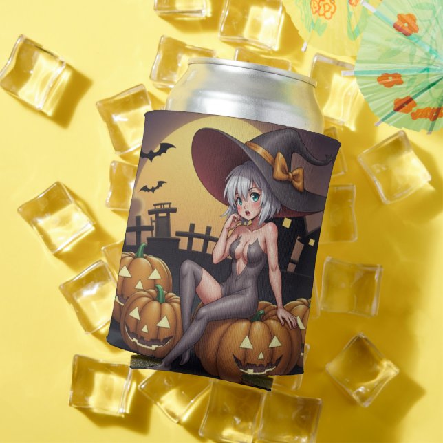 Green Eye Halloween Witch on Jack-O-Lantern's Can Cooler (In Situ Summer)