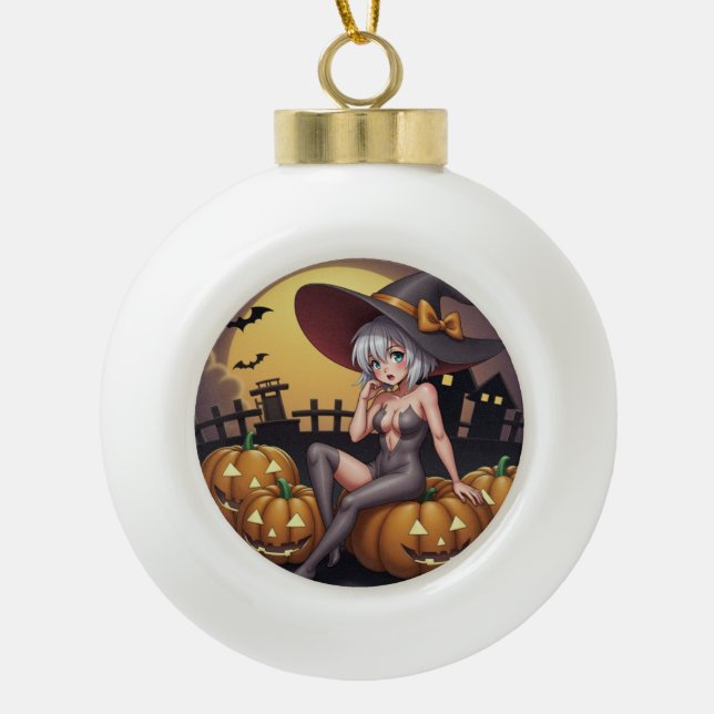Green Eye Halloween Witch on Jack-O-Lantern's Ceramic Ball Christmas Ornament (Front)