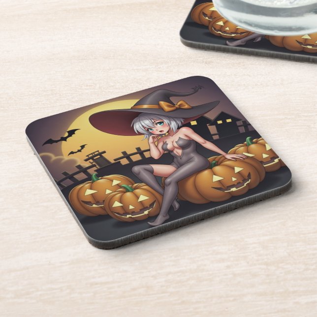 Green Eye Halloween Witch on Jack-O-Lantern's Coaster (Left Side)