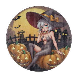 Green Eye Halloween Witch on Jack-O-Lantern's Cutting Board