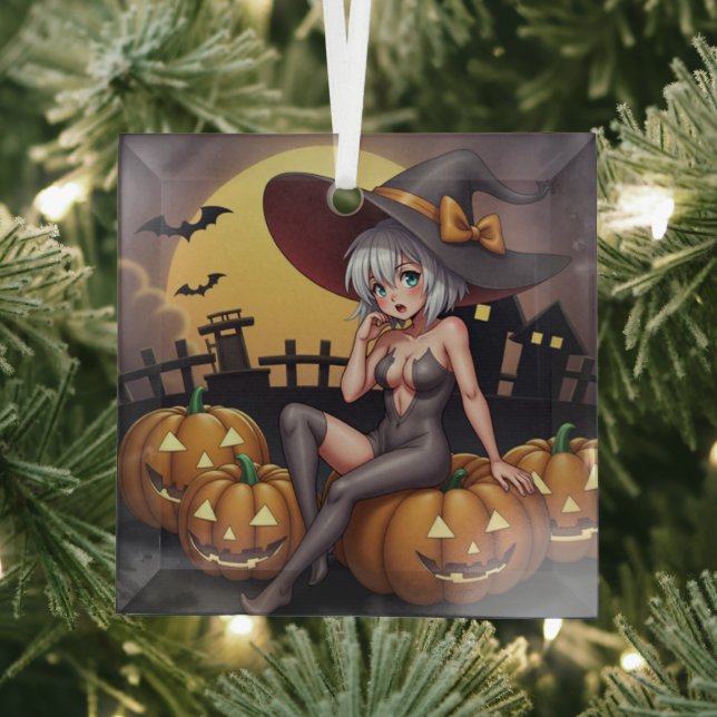 Green Eye Halloween Witch on Jack-O-Lantern's Glass Tree Decoration (Insitu)
