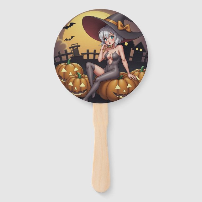 Green Eye Halloween Witch on Jack-O-Lantern's Hand Fan (Front)