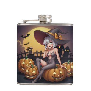 Green Eye Halloween Witch on Jack-O-Lantern's Hip Flask