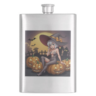 Green Eye Halloween Witch on Jack-O-Lantern's Hip Flask
