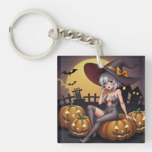 Green Eye Halloween Witch on Jack-O-Lantern's Key Ring
