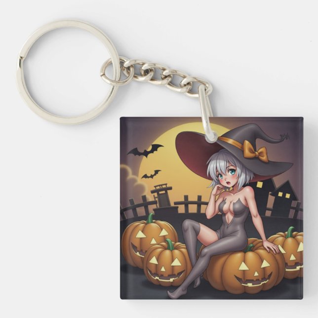 Green Eye Halloween Witch on Jack-O-Lantern's Key Ring (Front)