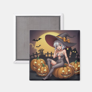 Green Eye Halloween Witch on Jack-O-Lantern's Magnet