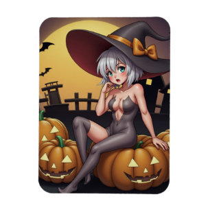Green Eye Halloween Witch on Jack-O-Lantern's Magnet