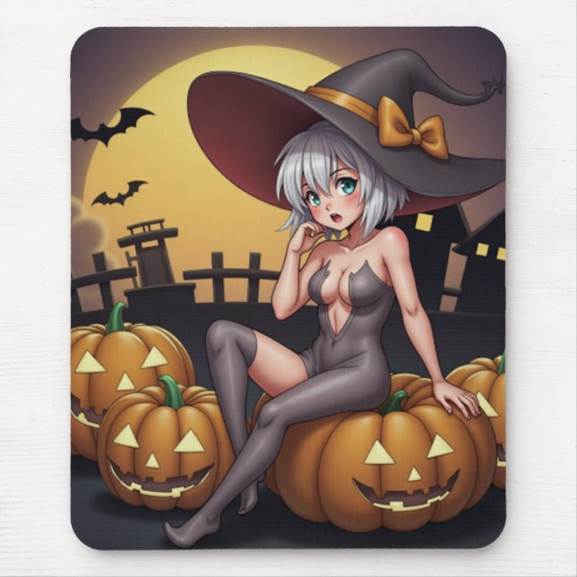 Green Eye Halloween Witch on Jack-O-Lantern's Mouse Mat (Front)