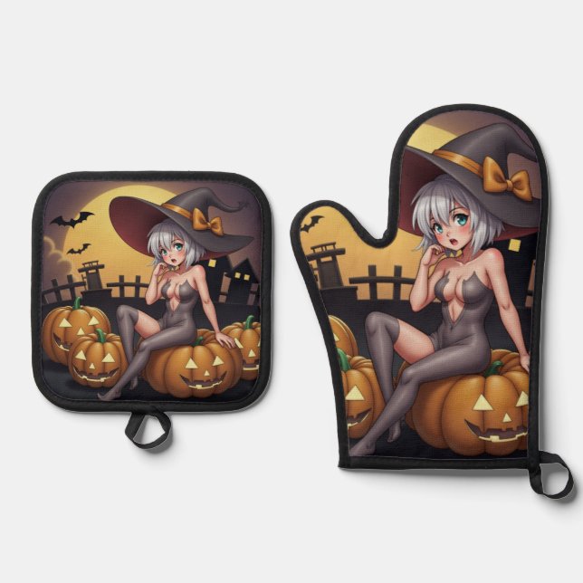Green Eye Halloween Witch on Jack-O-Lantern's Oven Mitt & Pot Holder Set (Front)