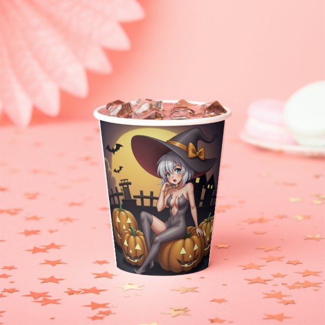 Green Eye Halloween Witch on Jack-O-Lantern's Paper Cups (Insitu)