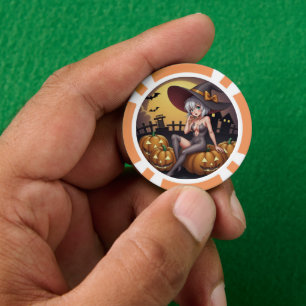 Green Eye Halloween Witch on Jack-O-Lantern's Poker Chips