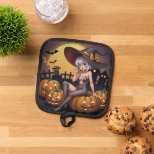 Green Eye Halloween Witch on Jack-O-Lantern's Pot Holder