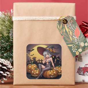 Green Eye Halloween Witch on Jack-O-Lantern's Square Sticker