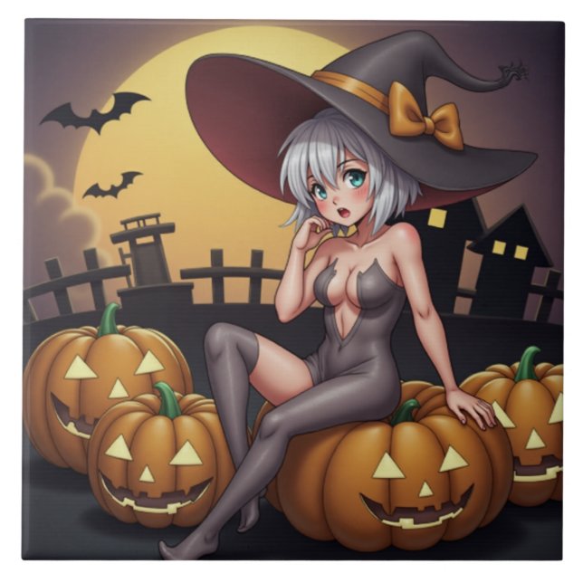 Green Eye Halloween Witch on Jack-O-Lantern's Tile (Front)