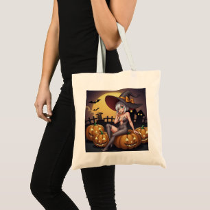 Green Eye Halloween Witch on Jack-O-Lantern's Tote Bag