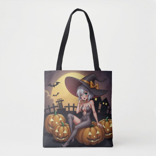 Green Eye Halloween Witch on Jack-O-Lantern's Tote Bag (Front)