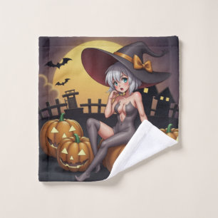 Green Eye Halloween Witch on Jack-O-Lantern's Wash Cloth